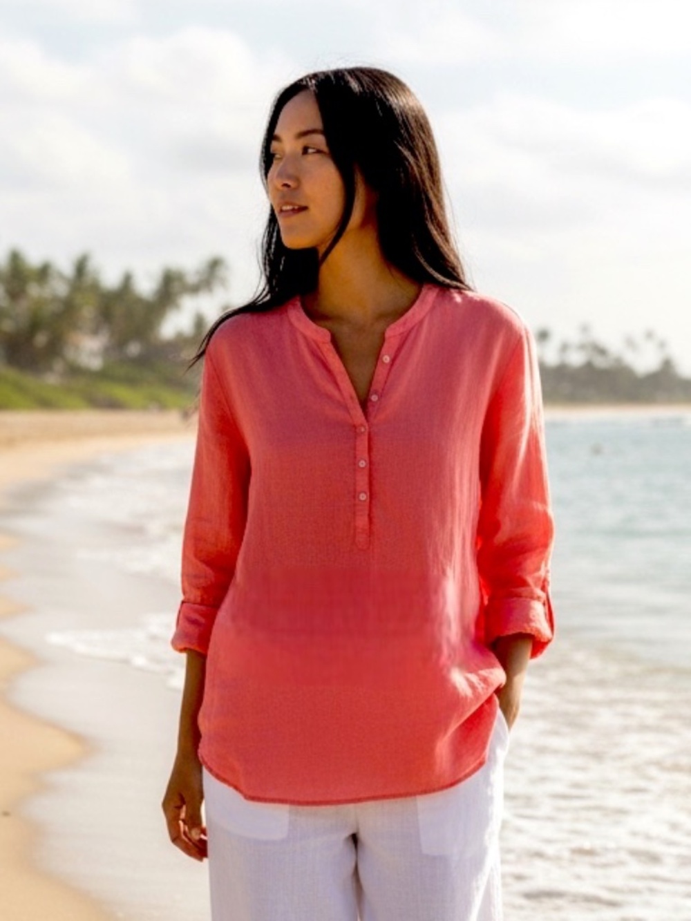 Saint Tropez West Tunic Shirt Top Sz 1X 16 18 Coral Pink LINEN Coastal Flowy - Picture 1 of 4